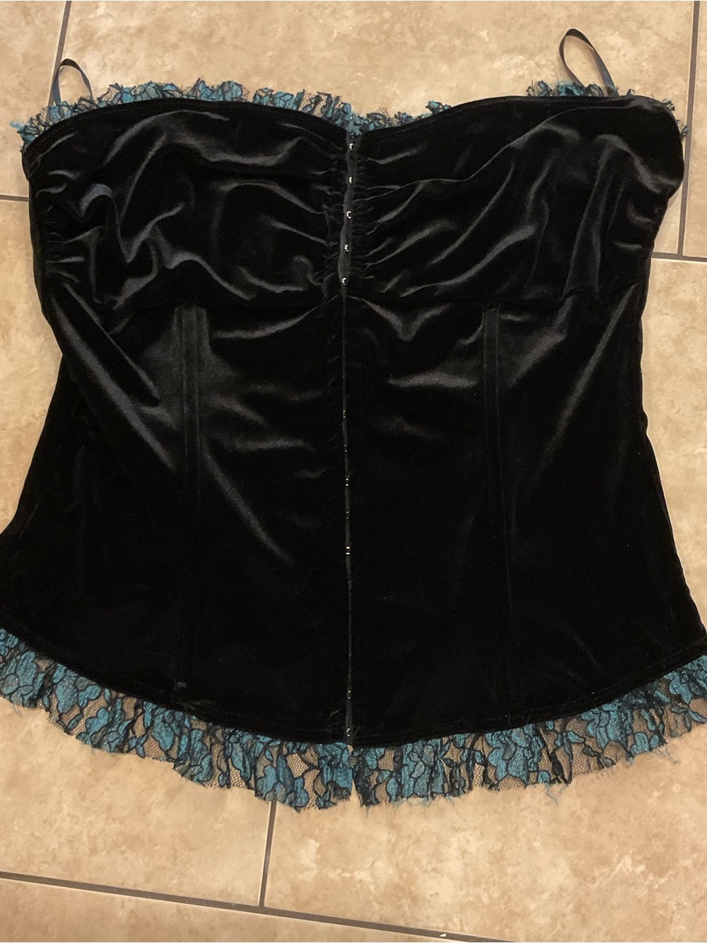 Black Velvet Corset with Teal Lace Trim - Whimsical Goth Fairycore Cottagecore